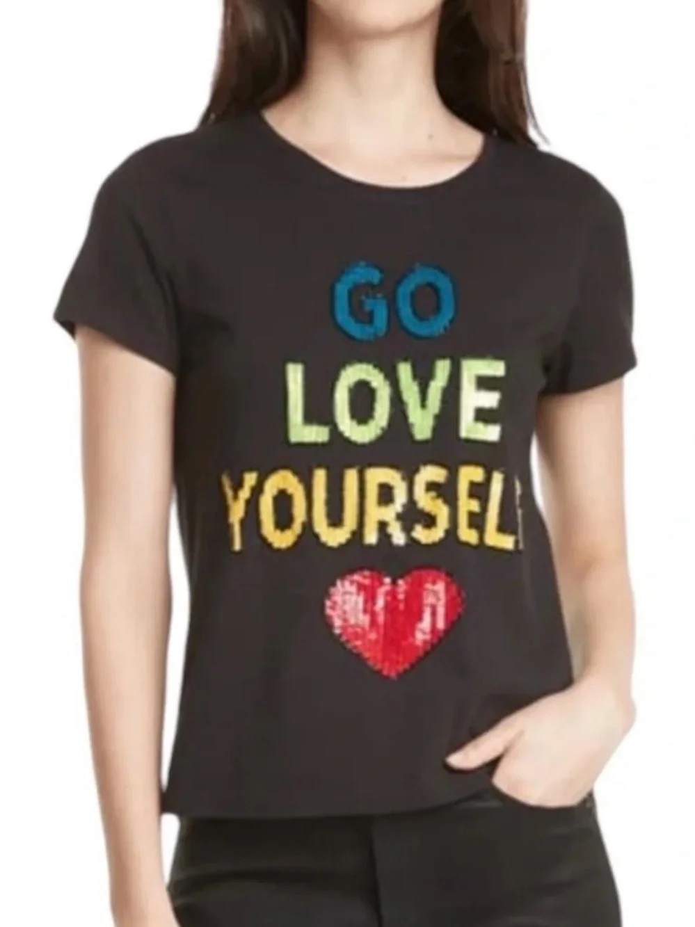 Alice + Olivia Black Short-Sleeve 'Go Love Yourself' Graphic Tee